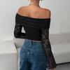 Women's Off,Shoulder Single,Layer Lace Slim Fit T,Shirt Long,Sleeved Top