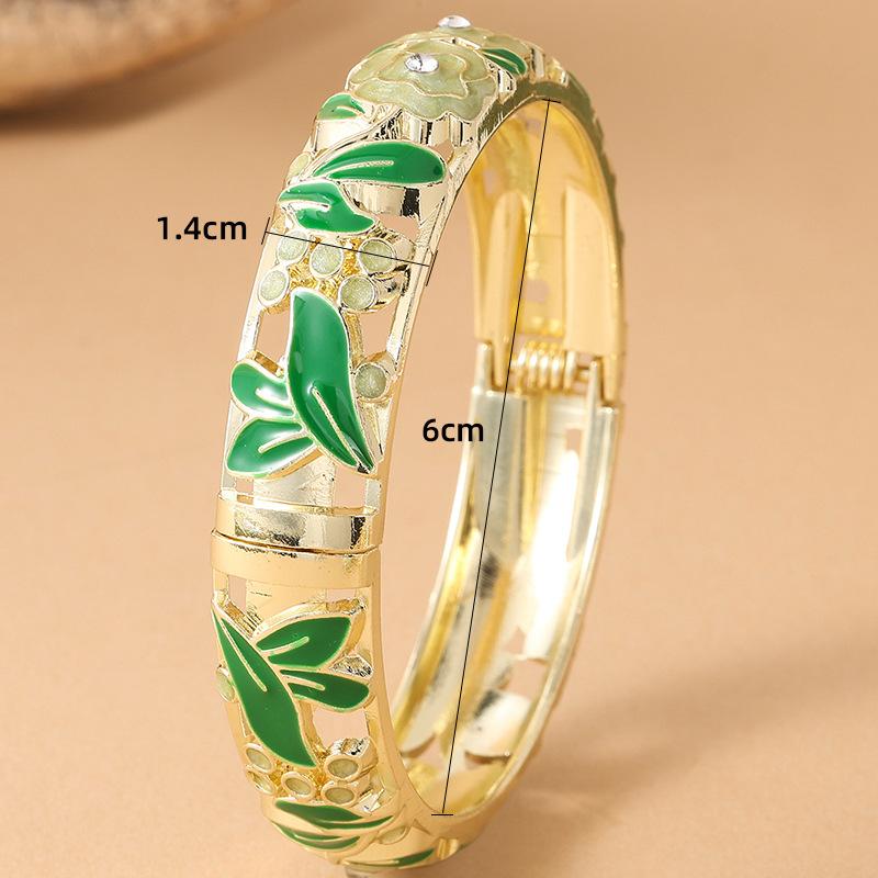 Vintage Colorful Rose Oil Drop Enamel Hollow Wide Cloisonne Bangle Bracelet