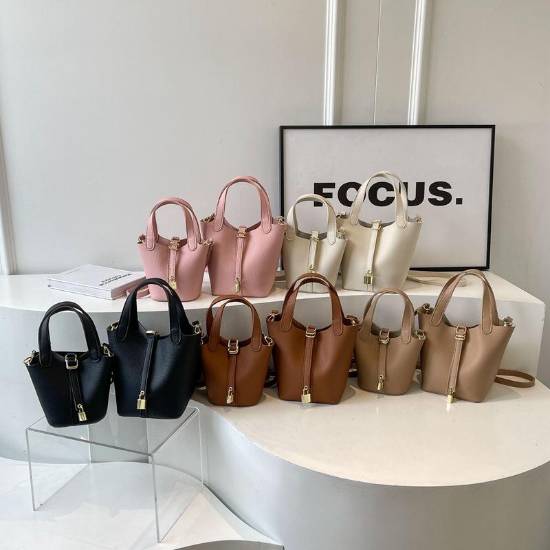 New High-end Lychee Pattern Small Lock Mother Bucket Bag Portable Single Shoulder Oblique Span Women's Bag