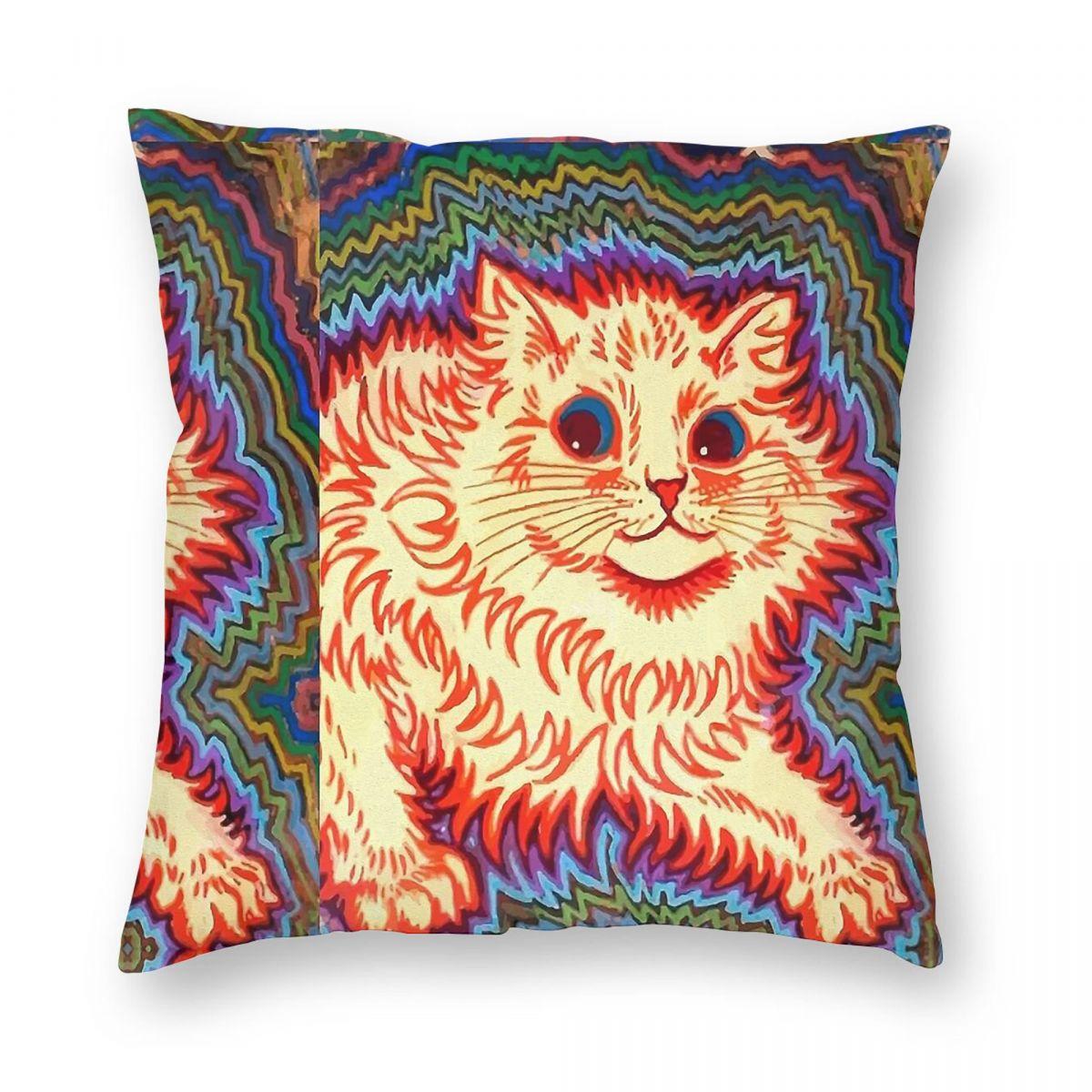 Louis Wain Psychadelic Cat Pillowcase Polyester Linen Velvet Pattern Zip Decorative Throw Pillow Case Room Cushion Cover Peach skin 18*18(CM)-1Pcs