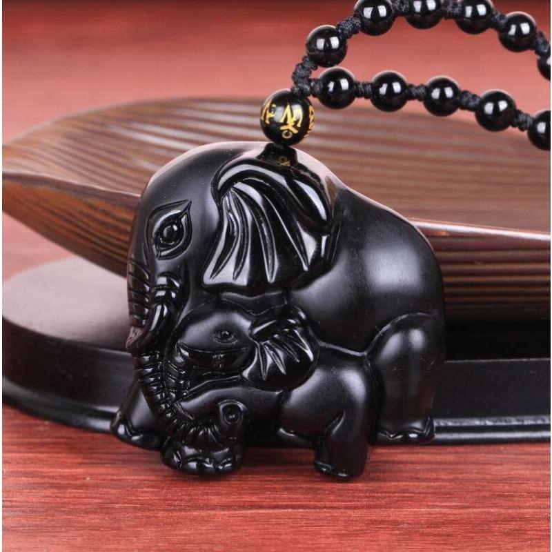 Premium Obsidian Treasure Mother Elephant Pendant for Men and Women Crystal Obsidian