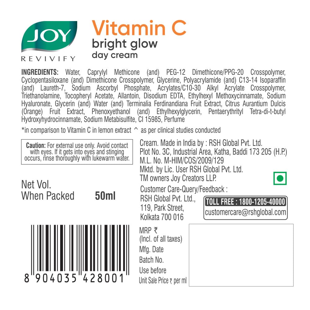 Joy Vitamin C Skin Brightening Face Cream 50ml Pack of 1 for Radiant Glow and Even Tone with Kakadu Plum