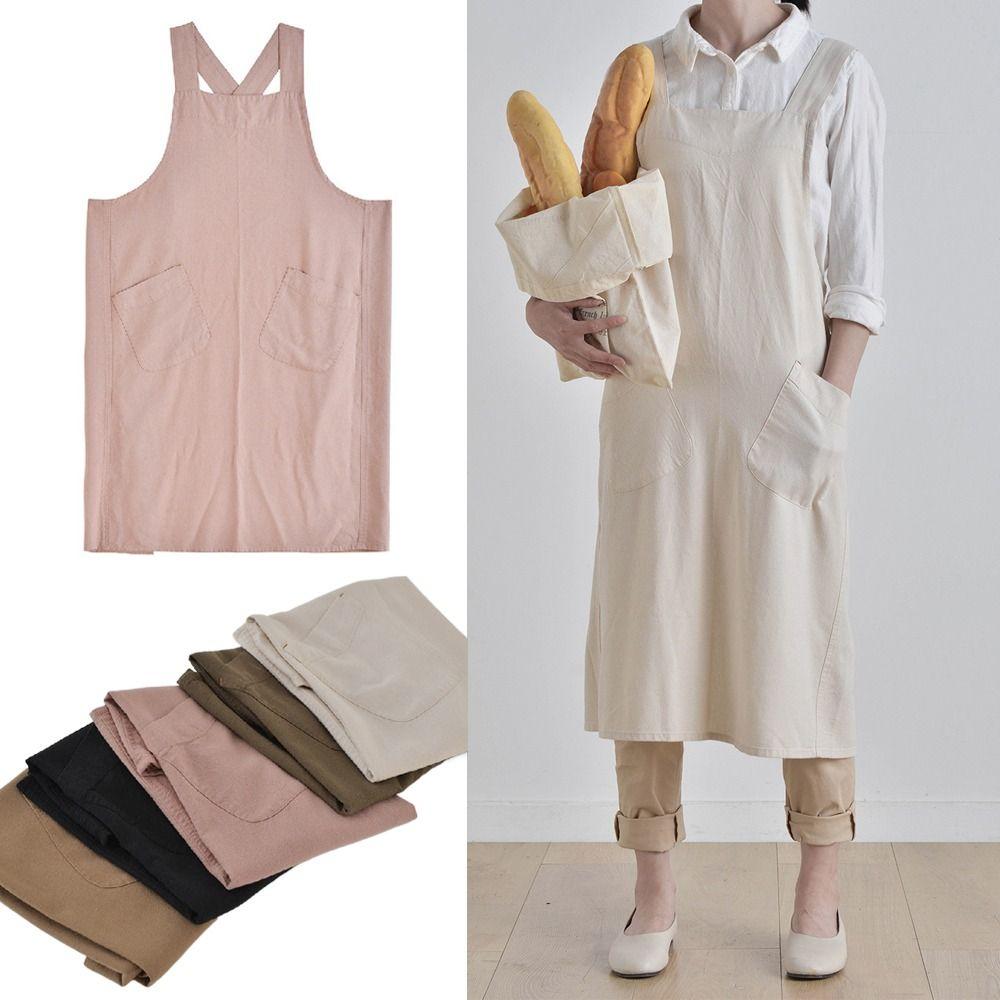 With Pockets Cross Back Apron Cotton Linen Pinafore Dress Durable Work Apron Baking Cooking BBQ