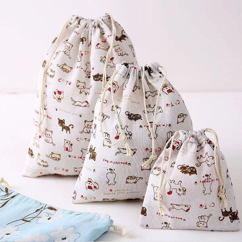 Cotton Linen Drawstring Bag Cute Cartoon Pattern Animal Plant Printed Pouch Dustproof Storage Bag Gift Packaging Bags