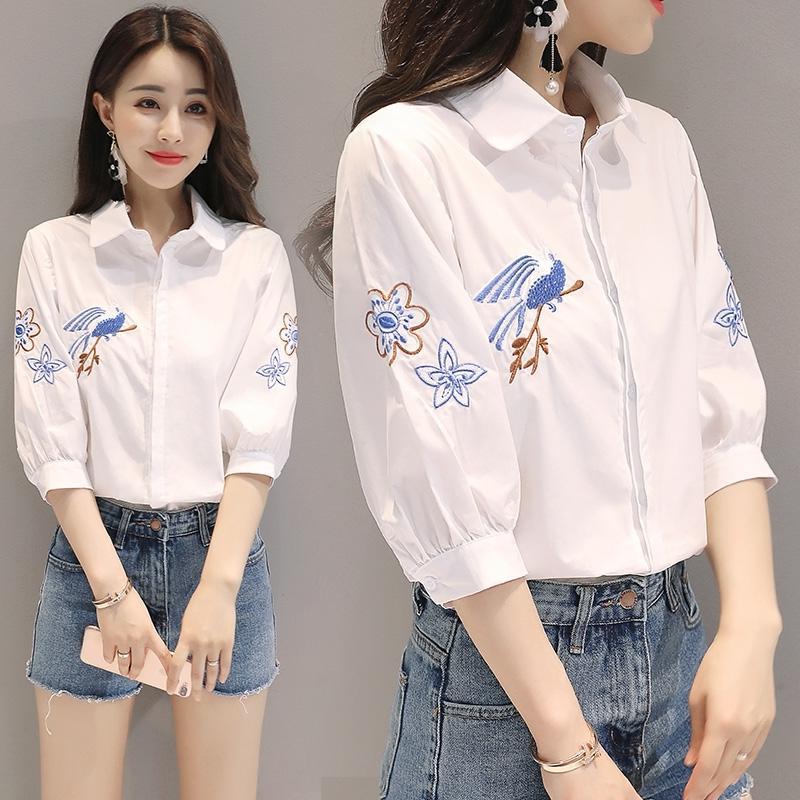 Gesticktes Blumen- und Vogel-Shirt, japanische Damenbekleidung, koreanische Version, Frühling, Sommer, Herbst, weißes Oberteil mit Dreiviertelärmeln
