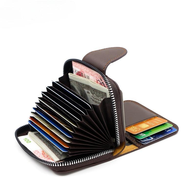 Men RFID Blocking Wallet Large Capacity Credit Card Holder Zipper Accordion Card Case Leather Card Organizer Coin Purse