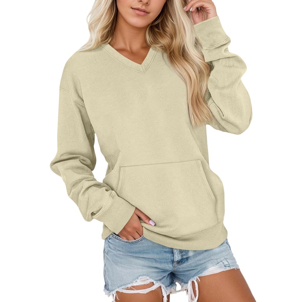 Women's V-Neck Long Sleeve Loose Fit Pullover Sweatshirt with Pocket