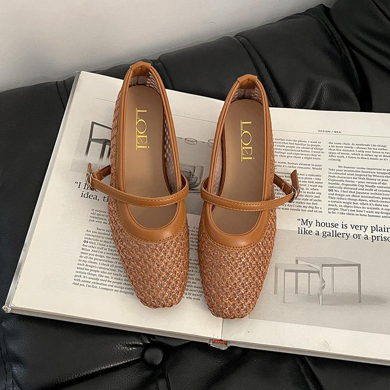 Hollow and breathable casual shoes woven square head Mary Jane shoes women's summer new fashion versatile retro