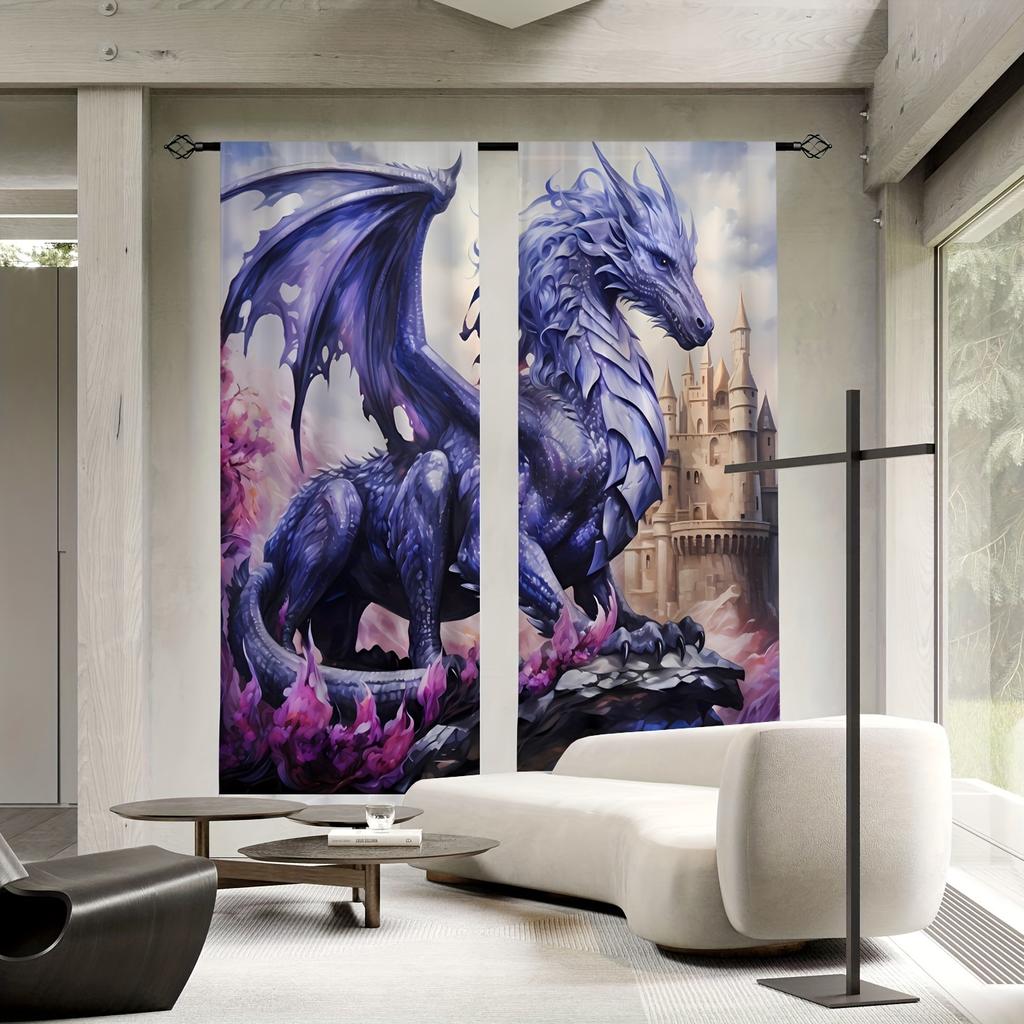 2 Panels Purple Dragon Curtains Fantasy Castle Printed Drapes Polyester Living Room Bedroom Home Decor