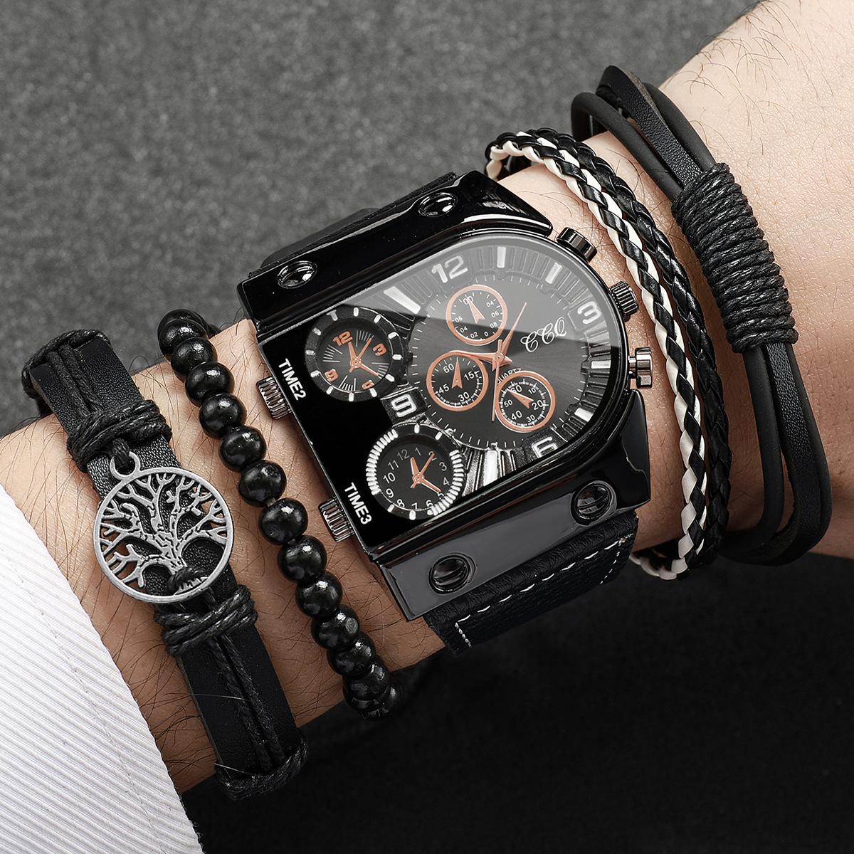 

Мужские часы Классическая мода Цифровая шкала Большой циферблат Продвинутый стиль Красивые Модные Кварцевые часы Набор браслетов (Нет коробки)