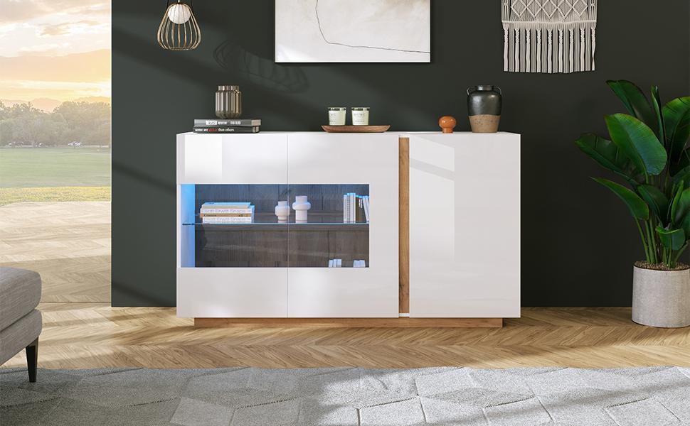Sideboard High Gloss Chest of Drawers, White Chipboard with Glass, Wood Base, Chest of Drawers Cabinet Hallway Cabinet 138*38*90.5cm