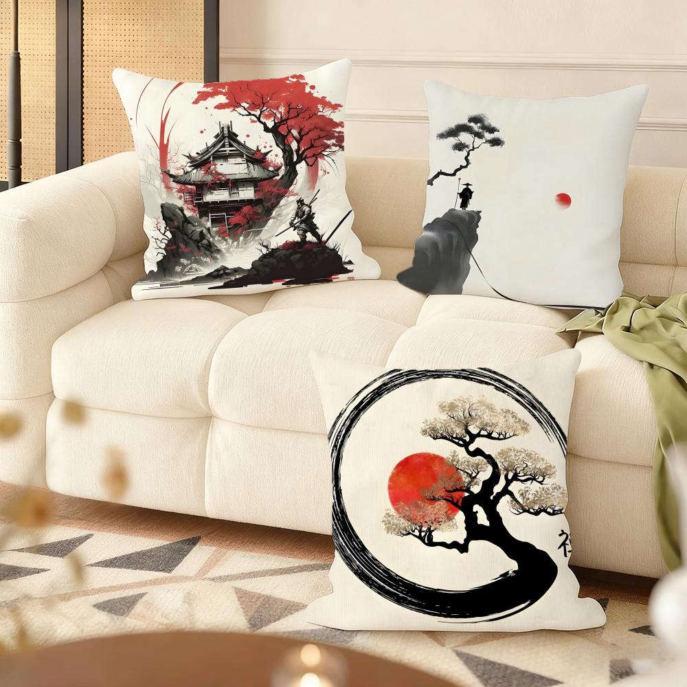 Chinese Ink Painting Style Cushion Cover Silky Short Plush Double-Sided Printed Pillow Case For Sofa All Seasons Home Decor Gift
