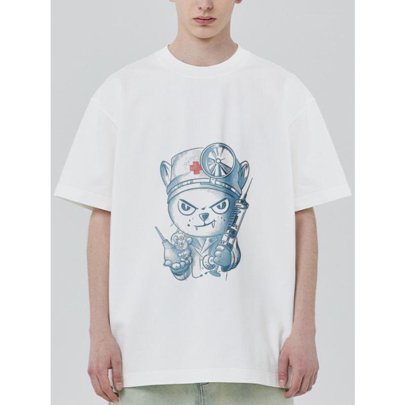 

Crewneck T Shirt White Cat Nurse with Syringe and Stethoscope Print Casual Streetwear for Men and Women XXXXL белый