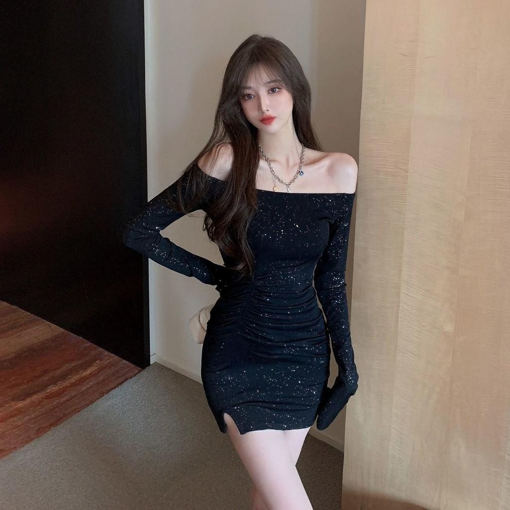 Black Satin One Shoulder Dress With Rhinestone Embellishments For Evening Wear