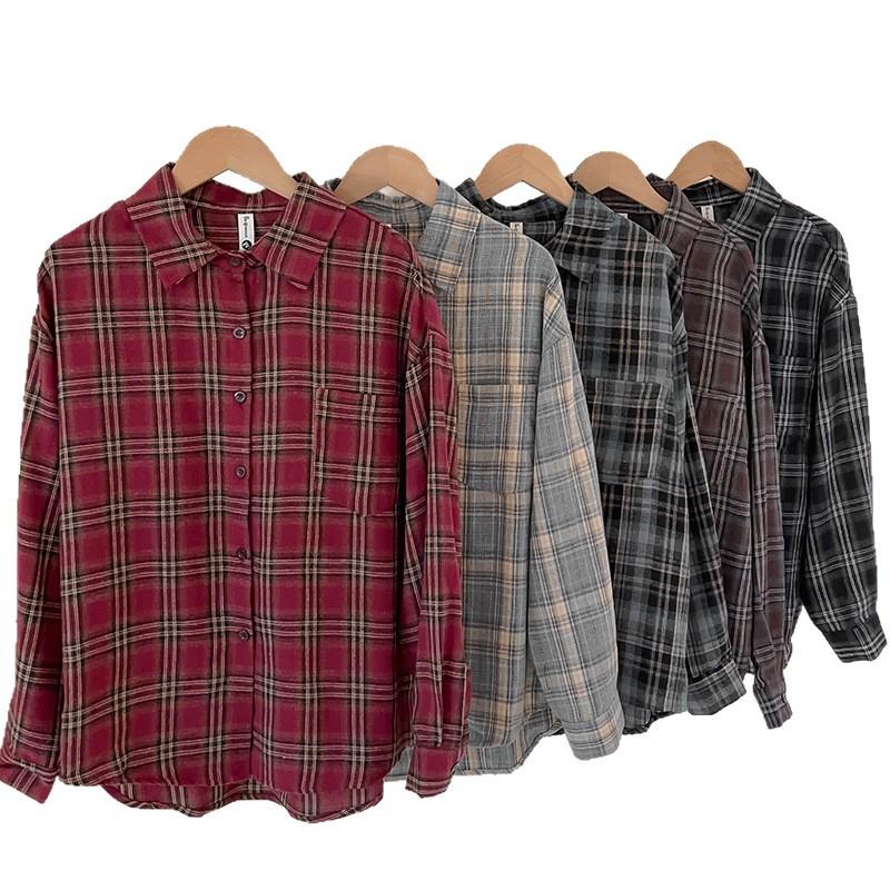 Plaid Shirt Spring and Autumn New Korean Temperament Casual Style Long-sleeved Lapel Jacket Women's Hong Kong Style Retro Versatile Top