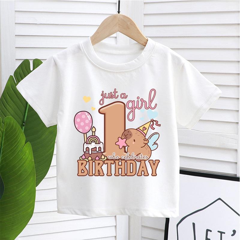 New Capybara Summer Birthday Number Pure Cotton Print Kids T Shirts Short Sleeved Cute Children's T-shirt
