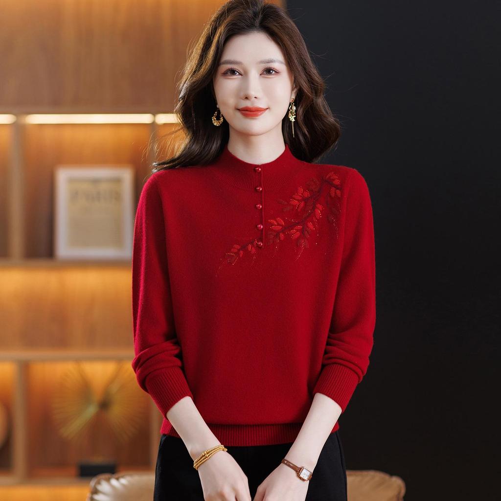 Women's Plus Size Pure Wool Embroidered Sweater - Autumn/Winter Base Layer with Half-high Collar, Perfect for Middle-aged and Elderly Moms.