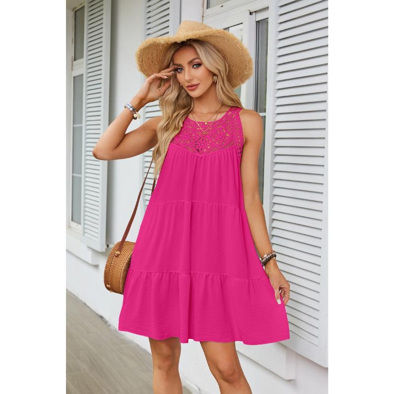 Women's Halter Neck Beach Dress Hollow Out Lace Patchwork Tiered Ruffle A Line Casual Vacation Sleeveless Midi Dress