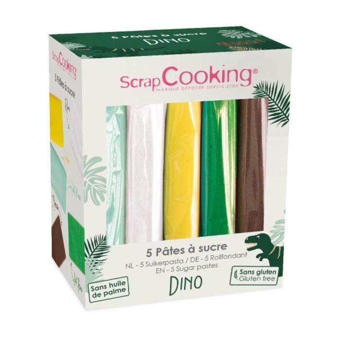Pâte à sucre - SCRAPCOOKING - Kit 5 couleurs Dinosaure vert d'eau, blanc, jaune, vert foncé, marron