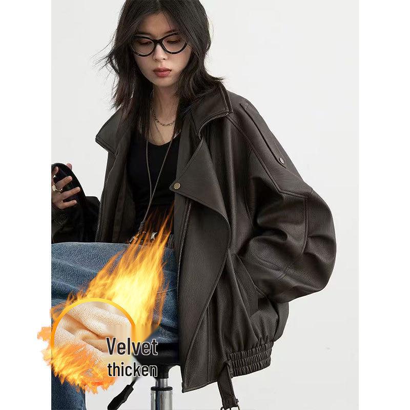 Women's Retro Brown Leather Biker Jacket – Autumn Loose Fit, High-End Fashion