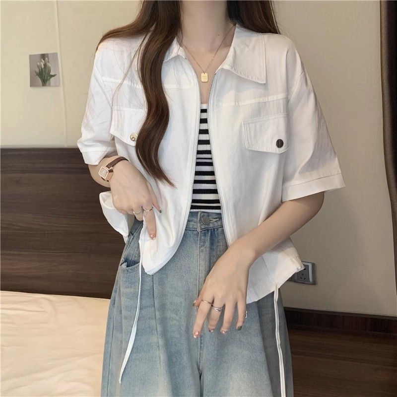 

Women s Cropped Button-Down Shirt Casual Short Sleeve Blouse with Flap Pockets S білий