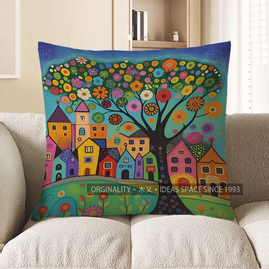 Home Decor Colorful Tree And Cityscape Patterned Pillow Pattern Cushion Cover Suitable For Sofa Bedroom Car Pillow Cover