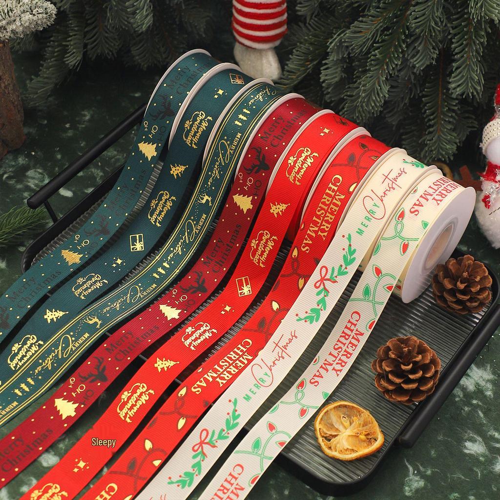 Festive Red & Green Floral Gift Bow and Satin Ribbon Set