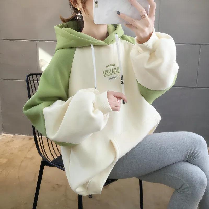 Women's Velvet Thickened Contrasting Color Sweatshirt Hooded Lazy Style Autumn and Winter Korean Style Student Patchwork Jacket
