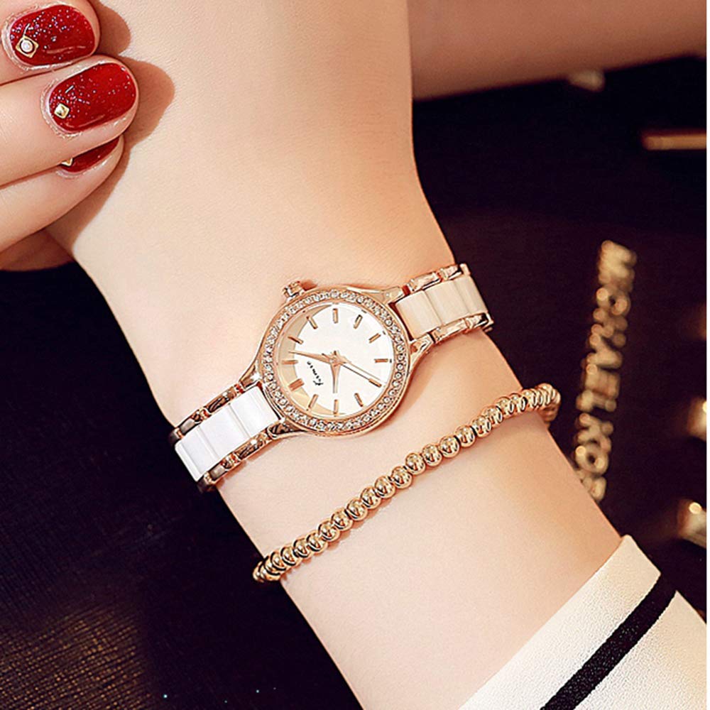 KIMIO K6121 Women's Simple Watch with White Ceramic and Rose Gold Band and Diamond Dial