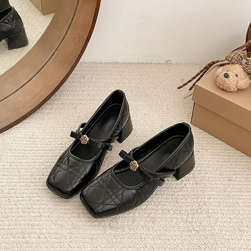 Square head rhombus Mary Jane shoes spring new gentle thick heel bow shallow mouth single shoes 35