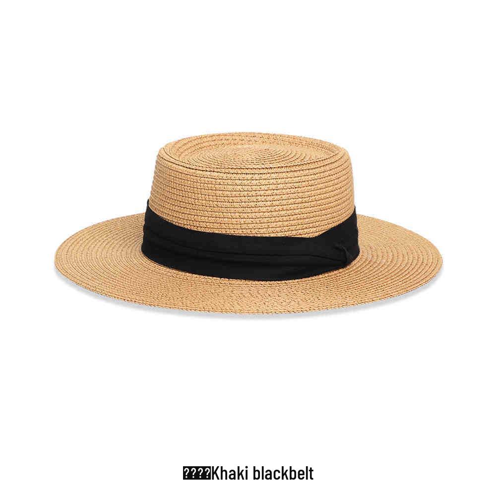 Women's French Summer Straw Hat, Large Brim, Ribbon, Flat Top, Outdoor Travel Sun Protection