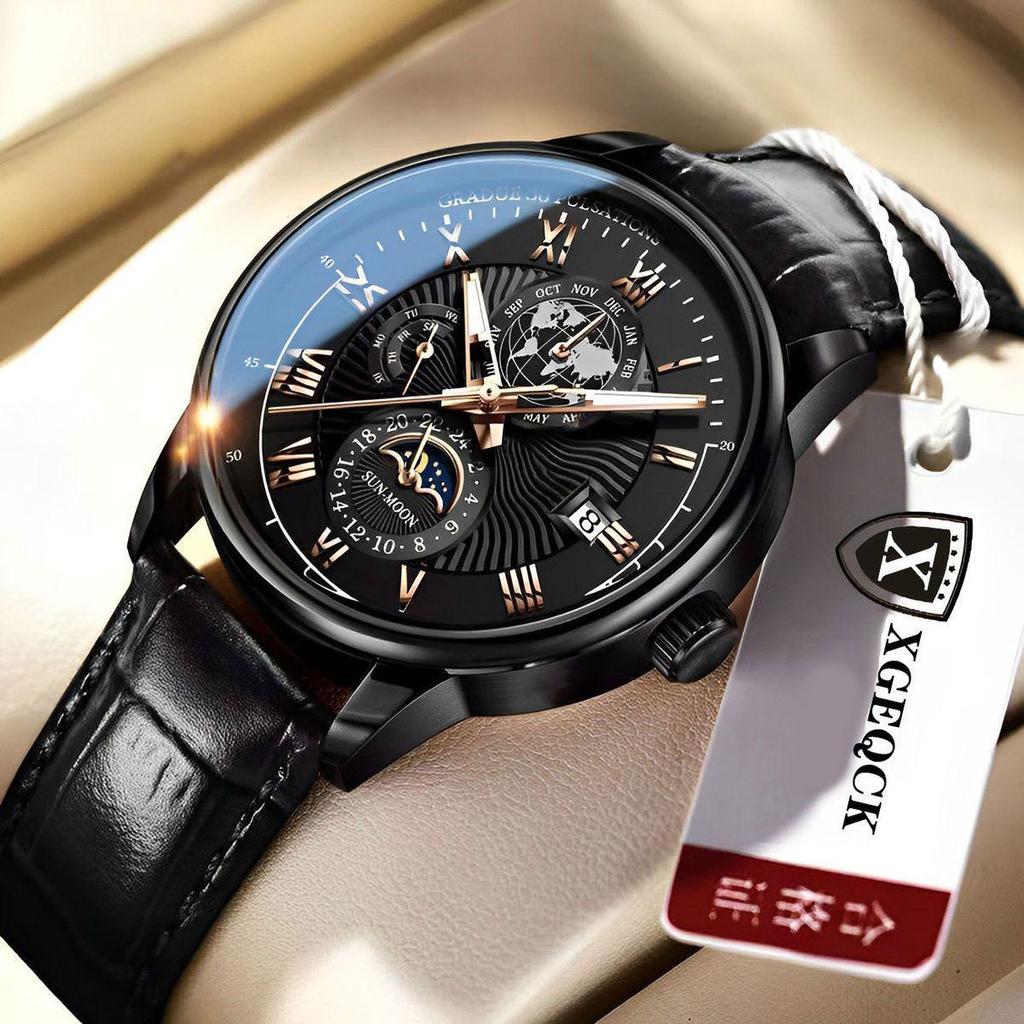 Brand Men's Luminous Calendar Leather Watch - Sleek, High-End, Non-Mechanical Wristwatch