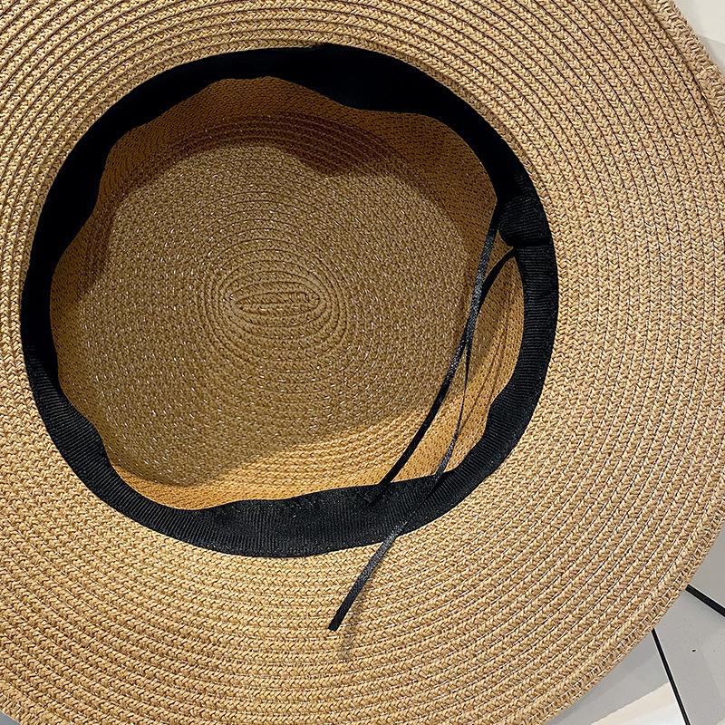 Straw hat women's spring and summer versatile pearl M letter flat top top top hat big brim sunshade sunscreen beach hat shows small face