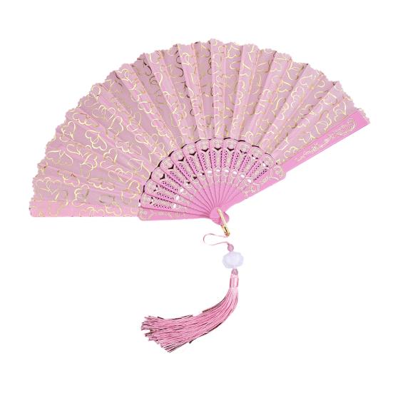 Love Heart Print Folding Fan with Tassel Chinese Style Portable Hollow Ribs Hand Fan Women Dance Performance Props Party Favors