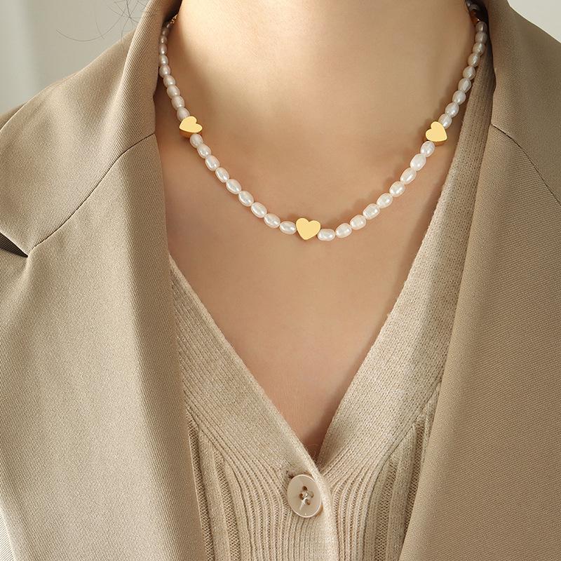 Korean Sweet Peach Heart & Pearl Titanium Necklace