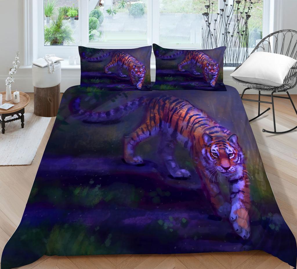 3D Tiger Pattern Luxury Home Bedding Set Full Size Quilt Cover and Pillowcase Ferocious Beast Print Washable Comfortable Bedroom Bedding