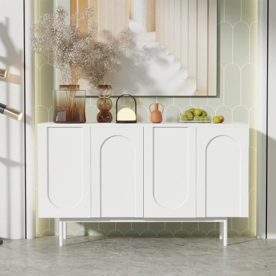 Modern Minimalist Pure White Sideboard with 4 Doors in Arched Pattern for Dining Room And Living Room (White)