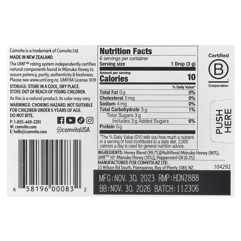 Manuka Honey Drops, Peppermint, 6 Drops, 18G(0.63Oz)