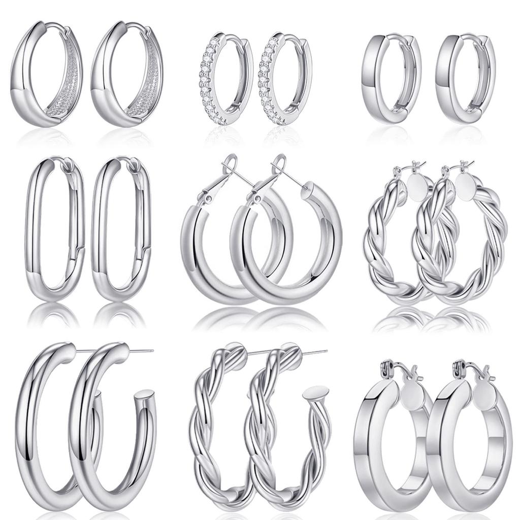Yesteel 9 Pairs Gold Hoop Earrings for Women,Gold Plated Chunky Hoop Earrings Set for Women Hypoallergenic Thick Lightweight Earring for Womens