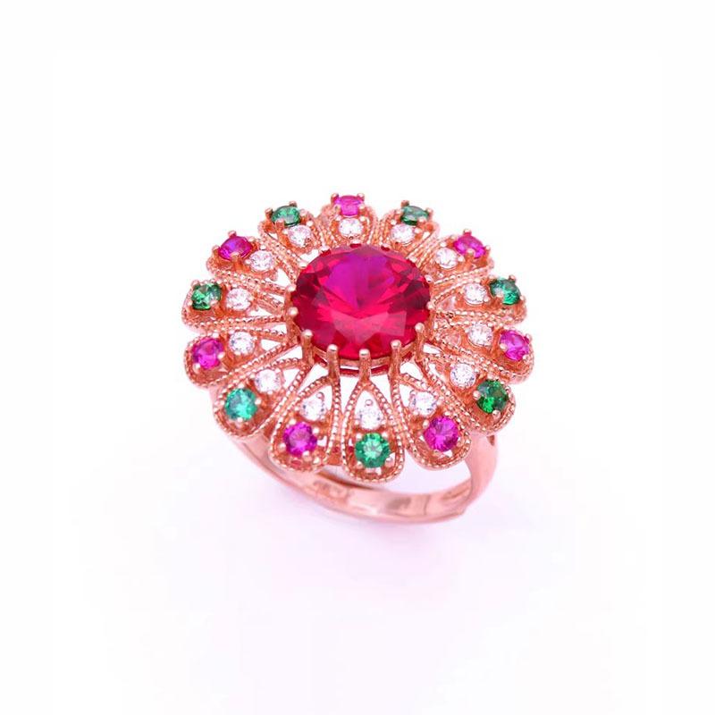 

Russian Purple Gold European And American Luxury Color Red Zircon Flower Rose Gold Plated Large Flower Ring Women opening adjustable