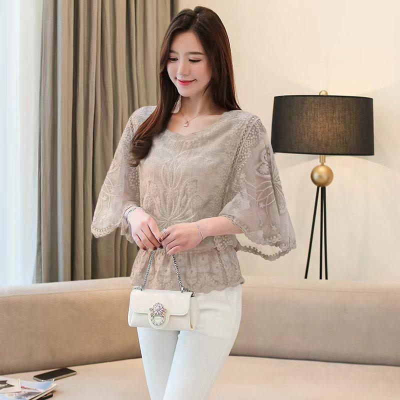 Women's Blouse Summer Big Size Chiffon Cotton Edge Lace Women's Blouse Butterfly Sleeve Flower Ladies Tops