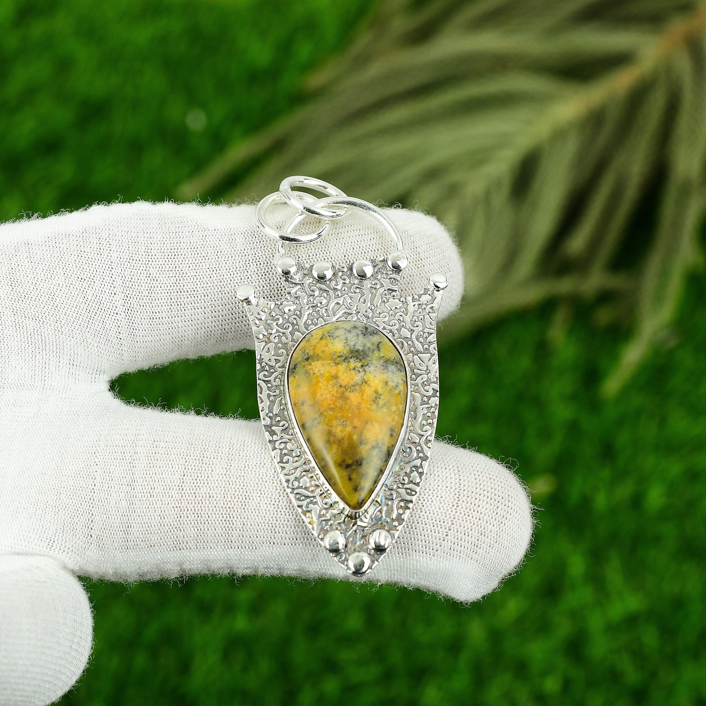 Pear Yellow Dendrite Opal Gemstone 925 Silver Artisan Trendy Daughter Pendant