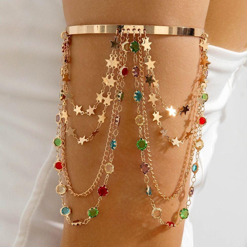 Resort Wind Open Arm Bracelet Punk Style Metal Hanging Chain Tassel Arm Ring Vacation Style