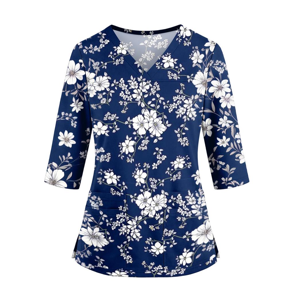 Women's Floral Print V Neck Medical Scrub Top with Pockets Side Slits Three Quarter Sleeve Nurse Uniform Shirt for Healthcare Professionals