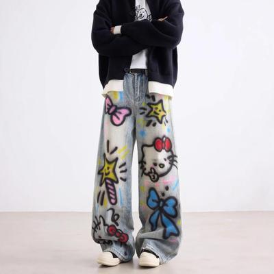 Damskie Jeansy Vintage High Street z Nadrukiem Kreskówkowym i Graffiti, Letnie Spodnie do Ziemi