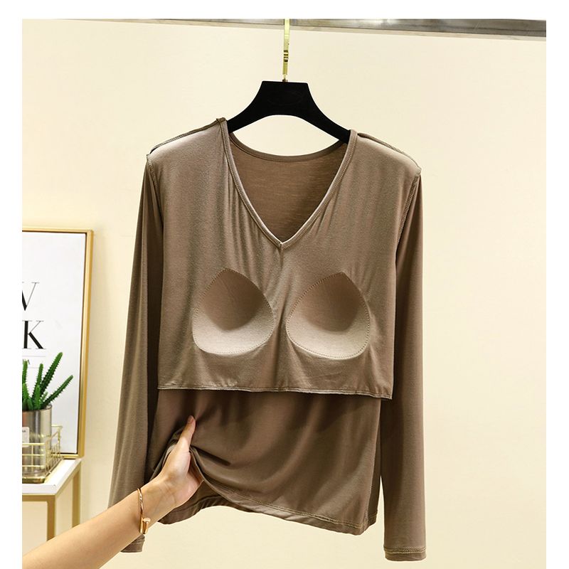 With Chest Pad Modal Long Sleeves Shirt Women Autumn Loose V-neck All-Match Casual Bottoming Shirt Thin Plus Size Top