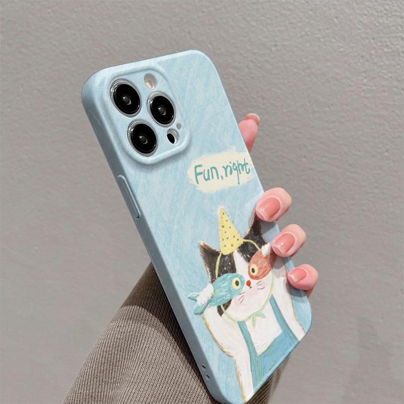 Lovely Cat Fish Glossy Film Hard PC Phone Case for Oppo A6 A5 A78 A3 A3X A60 A74 A38 A58 A96 A57 A76 A36 A17 A16e A55 Pro 4G 5G