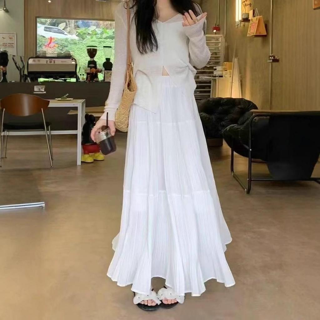 Qooth Summer Chiffon High Waist Skirt A-Line Pleated Maxi Skirt Ruffles Elegant Fashion Skirt QT2597