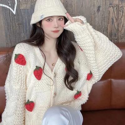 Frauen Erdbeere Lose Strickjacke Pullover Herbst Mode Langarm Koreanische Tops Chic Weibliche Preppy Pullover