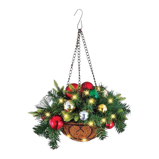 Yousheng Christmas Hanging Baskets Pre-Lit Artificial Basket with LED Lights Pine Cones Berries Winter Outdoor Planter for Outside Porch Front Door